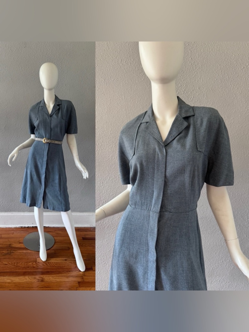 Vintage 70s Denim Blue Gallant-Suede Shirt Dress S